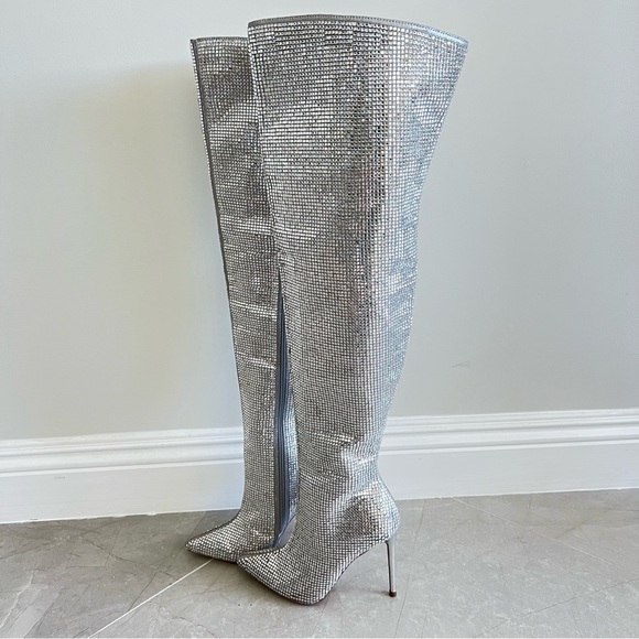 STEVE MADDEN Skyscraper Rhinestone Bling Silver Over The Knee Heels Boots Sz 6.5 - Picture 9 of 16